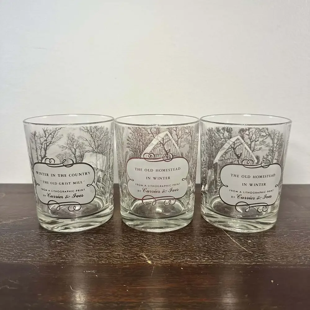 Currier and Ives Double Old Fashioned Glass Winter scenes, set of 3